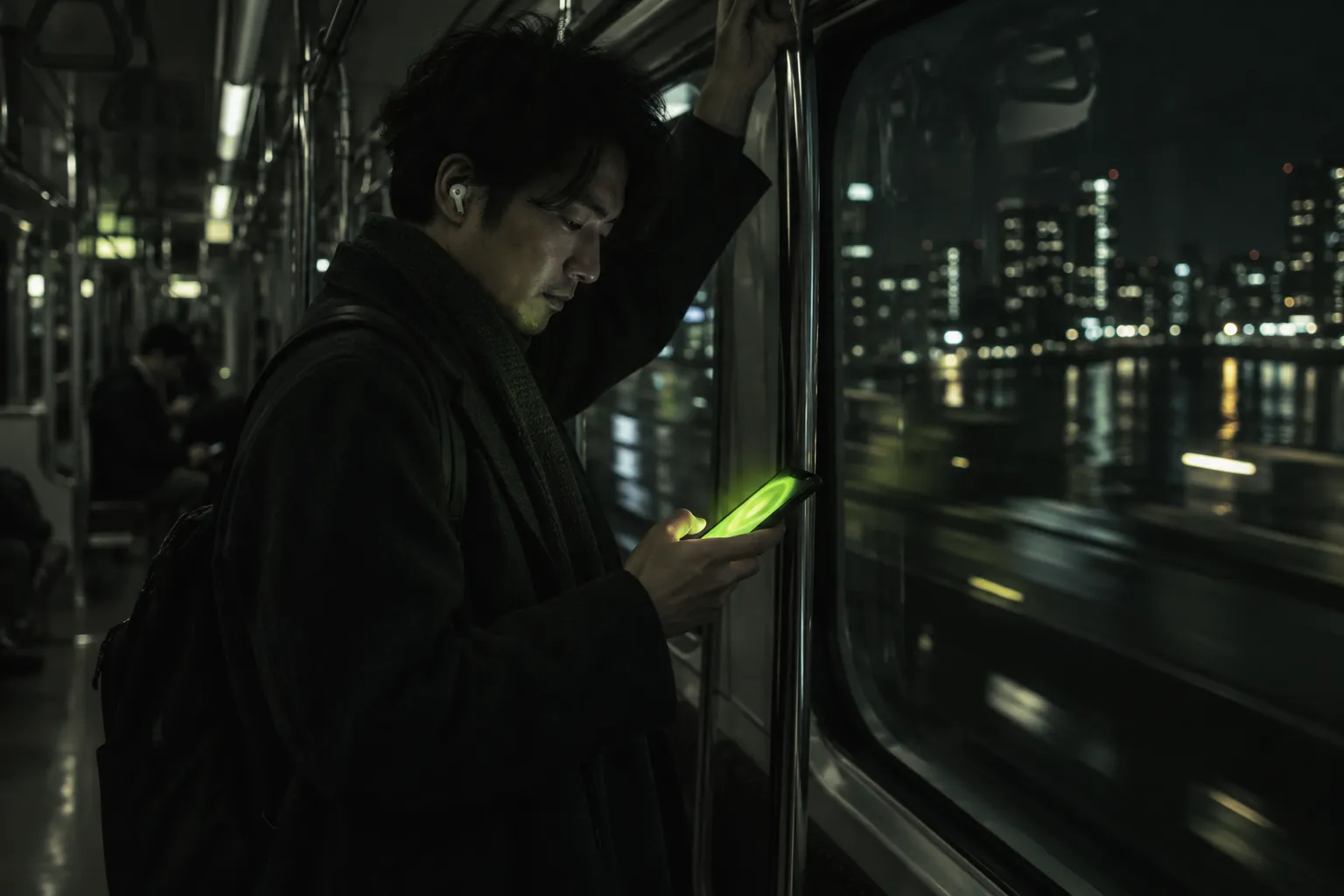夜の電車でイヤホンをつけ、スマホで復習している人